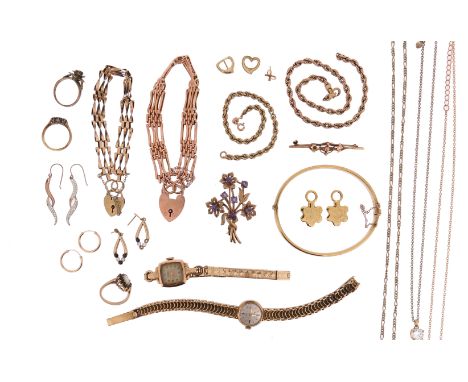 Various items of gold jewellery, including a bangle, two bracelets, a wristwatch, chains, earrings and two rings, 107g total