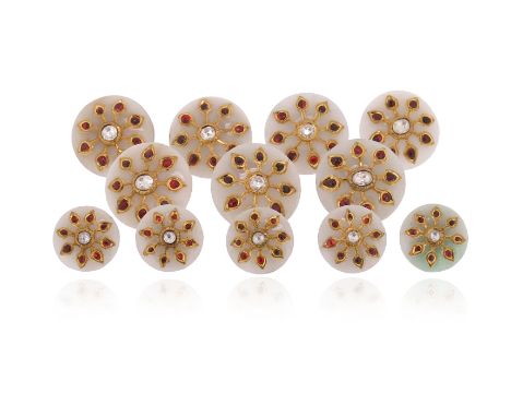 A set of twelve Indian gem-set jade buttons, each button applied with a gold foliate motif set with rose-cut diamonds and cab