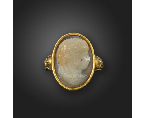 A 16th century sardonyx cameo depicting Ariadne, possibly a portrait of a lady as Ariadne, with fruiting vines to her curling