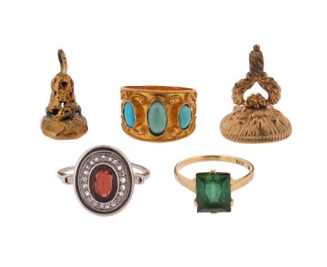 A collection of jewellery items, including a garnet and diamond cluster ring, size L 1/2. A gold-cased fob seal, the carnelia