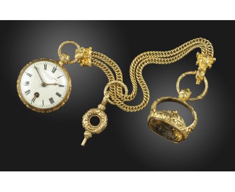 A George III gold open-faced pocket watch by Elizabeth Haworth of Liverpool, key wind, the signed white enamel dial with blac