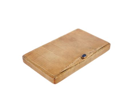A rectangular gold box, with engine-turned decoration overall and a sapphire thumbpiece, rubbed maker's mark possibly JE, 8cm
