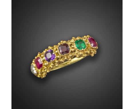 A Regency gold acrostic ring, set with a ruby, emerald, garnet, amethyst, ruby and diamond spelling the word 'REGARD' within 