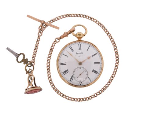 A Victorian 18ct gold open faced pocket watch by Arnold, the white enamel dial with black Roman numerals, signed Arnold &amp;