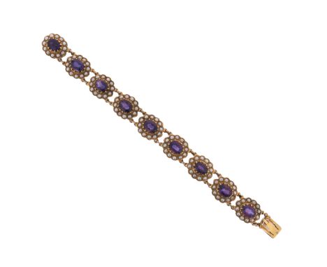 A Victorian amethyst and seed pearl bracelet, the nine amethyst and pearl clusters set in open and closed-back yellow gold mo