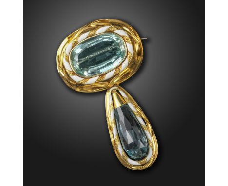 A Victorian aquamarine and enamel brooch, the oval shaped aquamarine is set within twisted white enamel and yellow gold borde