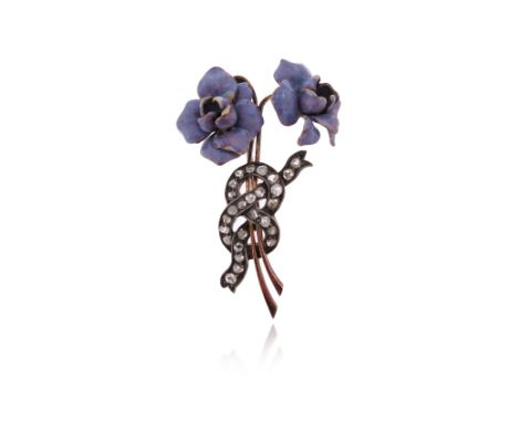 A late Victorian diamond-set foliate brooch, designed as a posy of wild violets, with lilac enamel to the petals and a diamon