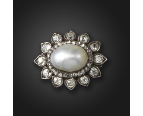 A Victorian natural pearl and diamond brooch, of flowerhead design, the natural pearl set within a surround of rose-cut diamo