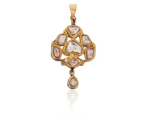An Indian diamond and enamel pendant, set with seven flat-cut diamonds and suspending a further diamond with counter enamel i