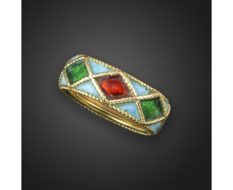 A gold and enamel 'Arlequin' ring by Mauboussin, c.1970, with red, green and blue enamel decoration within ropetwist borders 