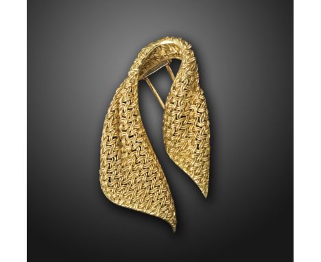 A gold 'scarf' brooch by Mauboussin, c.1950s, designed as an openwork woven scarf in gold, signed Mauboussin Paris, French co