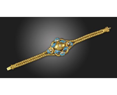 A Victorian blue enamel and pearl bracelet, set with seed pearls and light blue enamel scrolling decoration on a gold double 