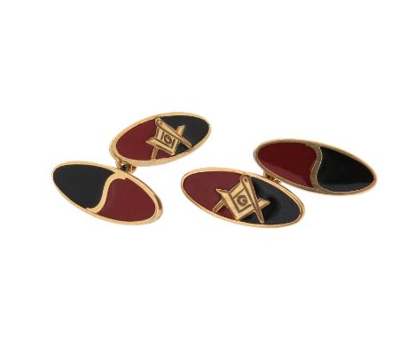 A pair of early 20th century masonic cufflinks, depicting a compass with the letter 'G', with black and red enamel decoration