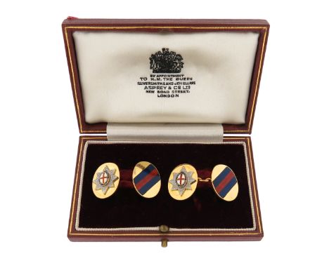 A pair of Regimental 18ct gold and enamel cufflinks, for the Coldstream Guards, maker JWB and Birmingham hallmarks for 1977, 
