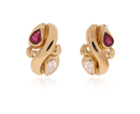 A pair of ruby and diamond earrings, each set with a pear-shaped ruby and diamond in twisted gold mount, 16mm high