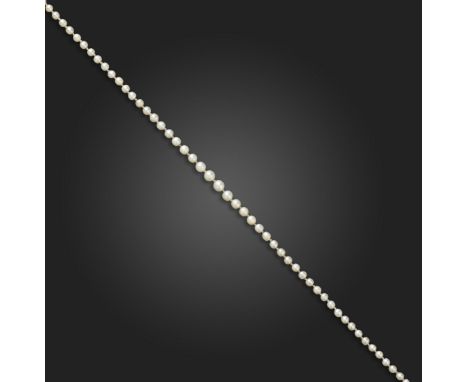 A single-row natural pearl necklace, the pearls graduate from 2.3 - 4.8 mm, with a rose-cut diamond-set barrel clasp, 48cm lo