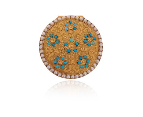 A Regency gold pill box, the circular box with hinged lid, with foliate motif set with turquoise and seed pearls in textured 