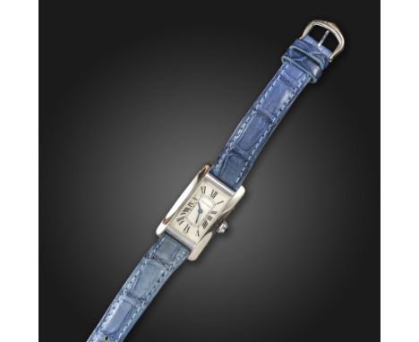 A white gold Tank Amιricaine wristwatch by Cartier, signed cream enamel dial with Roman numerals and secret signature at VII,