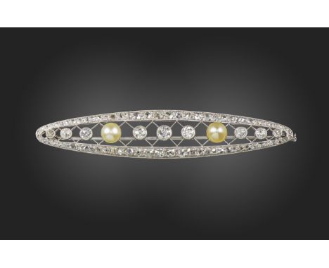 An early 20th century natural pearl and diamond brooch, the lozenge-shaped brooch is set with graduated old circular-cut diam