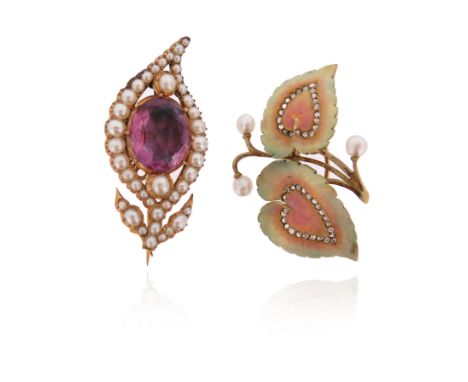 Two gem-set gold brooches, including a Victorian amethyst and seed-pearl set gold foliate brooch, 4.5cm high, and an early 20