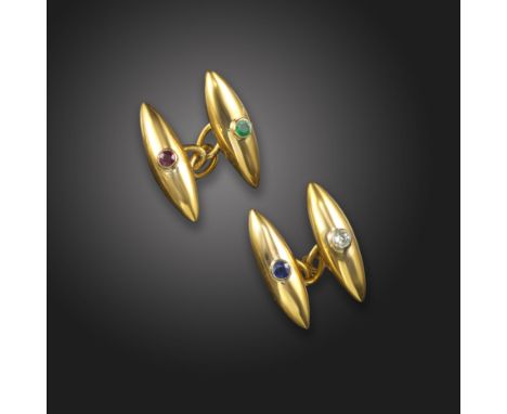 A pair of gem-set gold cufflinks, the gold torpedo links set with an old circular-cut diamond, sapphire, emerald and ruby, st