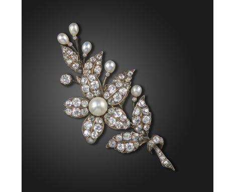 A Victorian natural pearl and diamond foliate brooch, set overall with graduated old circular-cut diamonds, the detachable fl