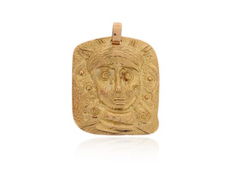 A gold medallion pendant, the square pendant depicting the abstract portrait of a woman in textured gold, signed 'M', 5cm hig