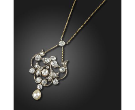 A Victorian natural pearl and diamond pendant, of scrolling foliate design set overall with graduated old circular-cut diamon