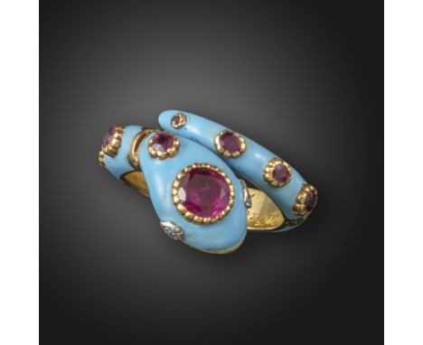 A Victorian ruby-set gold snake ring, the hinged snake set with graduated circular-cut rubies, with rose-cut diamond eyes and