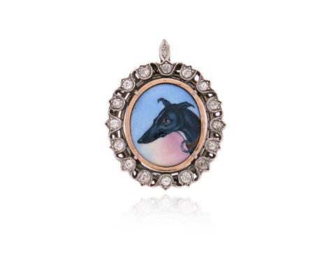 A late 19th century gold frame set with diamonds in silver fleur-de-lys settings, set with an enamel portrait of a greyhound 