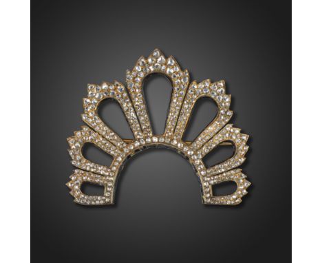 A late 19th century coronet style diamond and enamel brooch, set overall with rose-cut diamonds and black enamel (damaged) bo