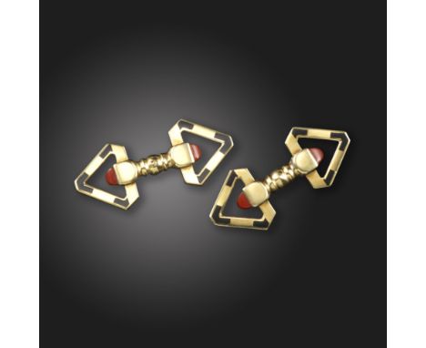 A pair of coral and black enamel triangular gold cufflinks, c.1940, set with sugarloaf corals and linear black enamel decorat