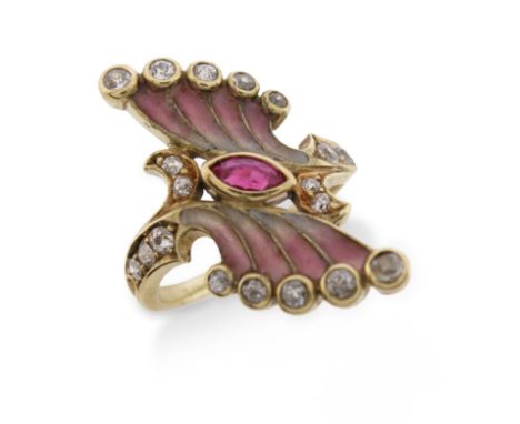 An enamel and gem-set ring, of spray design, set with a marquise-shaped ruby and graduated old circular-cut diamonds, with pl