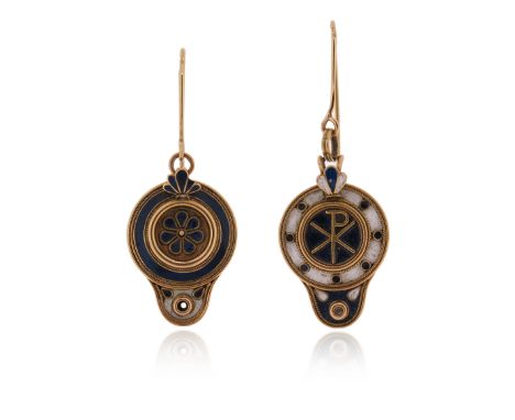 A pair of late 19th century gold pendants, converted to earrings, designed as a pair of Roman oil lamps, with blue and white 