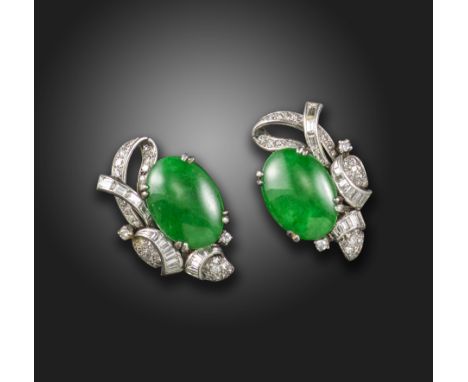 A pair of jade and diamond earrings, set with oval jadeite jade cabochons within scroll surrounds of circular and baguette-sh