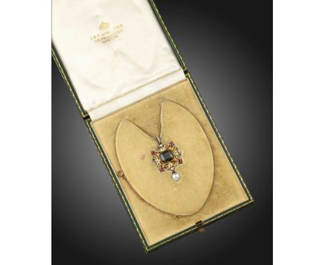 A gem-set and enamel pendant by Carlo &amp; Arthur Giuliano, the cushion-shaped zircon is set within pierced scrolling surrou