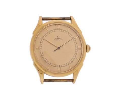 A yellow gold wristwatch by Omega, the signed dial with gold baton numerals, Roman numerals at 12, 3, 6, 9, sweep seconds han