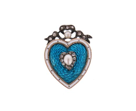 An Edwardian enamel and diamond heart brooch, the pearl and diamond heart-shaped cluster set on blue guilloche enamel with a 