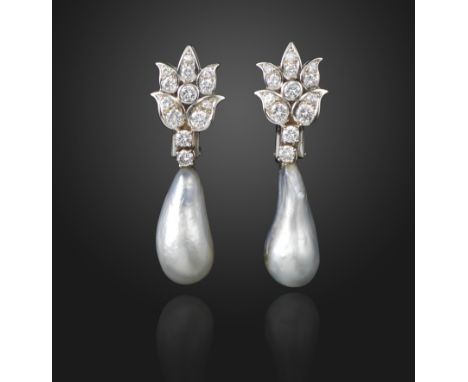 A pair of natural pearl and diamond drop earrings, the pearls suspend from foliate upper sections set with graduated round br