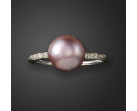 A natural pearl and diamond ring, set with a pinkish-grey natural pearl with old circular-cut diamonds to the shoulders in pl