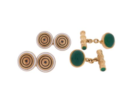 A pair of chrysoprase and gold cufflinks, the stylised wood design with chrysoprase cabochon termimals, with an oval link cha