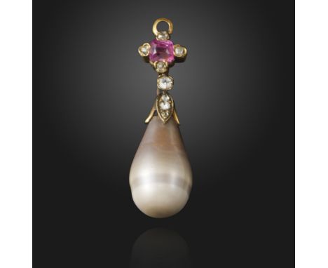 A gem-set natural pearl pendant, the pearl suspends from a diamond-set foliate cap, the bale set with a pink sapphire and old