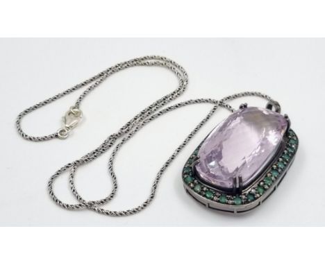88cts Huge Amethyst Pendant with a Halo of 3.70cts Emeralds and 1.10ct Rose Cut Diamond Accents in 925 Sterling silver, Vinta