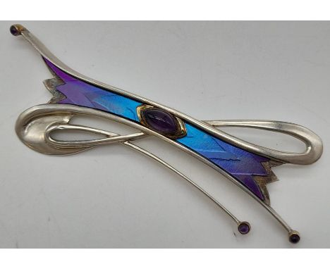 A Vintage Retro Silver, Enamel and Amethyst Brooch.8cm. 14.45g 