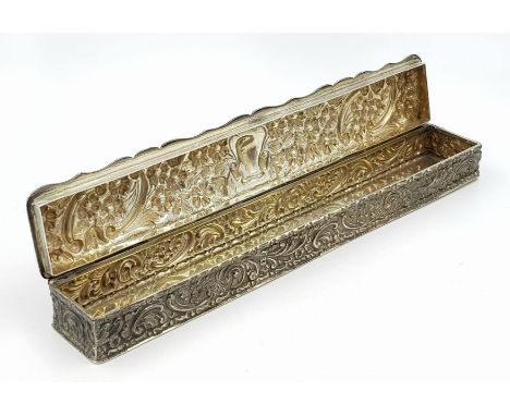 A SOLID SILVER HAND CHASED TRINKET BOX HALLMARKED CHESTER 1902 INTRICATE DESIGN IN GOOD CONDITION FOR AGE.    159.6gms    23 