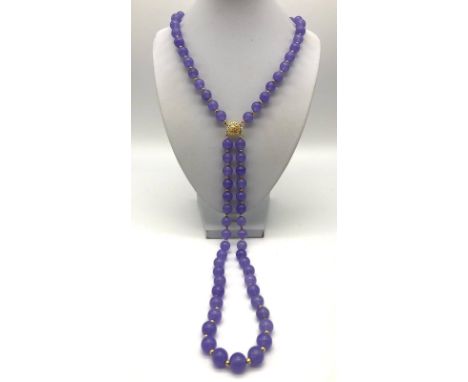A Double-Row Lavender Jade Bead Necklace. Gilded spacers and clasp. 40cm. 