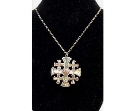 An Unusual Silver Mother of Pearl Silver Jerusalem Cross Pendant. Comes on a white metal chain. Pendant weight 23g - 5cm. 