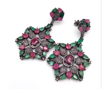 A Pair of 925 Silver Ruby, Emerald and Diamond Earrings. R- 6ct, E- 7.5ct. 22g total weight. 