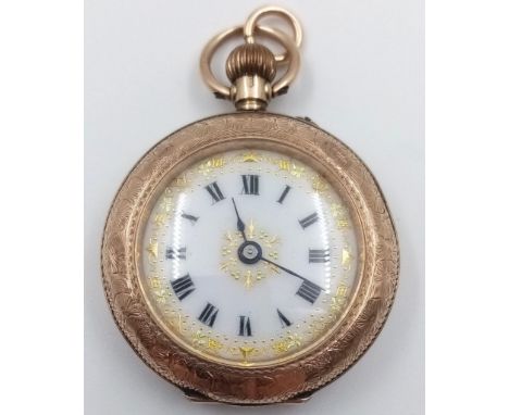 A beautiful, hand engraved, 9 k yellow gold pocket watch. Dial diameter: 30 mm. Clean glass and face. 