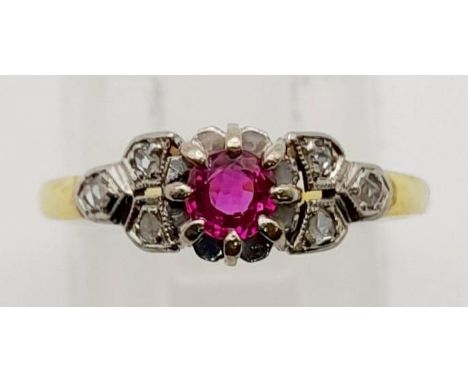 A Vintage 18K Yellow Gold and Platinum Diamond and Ruby Ring. Size K. 2.1g. 